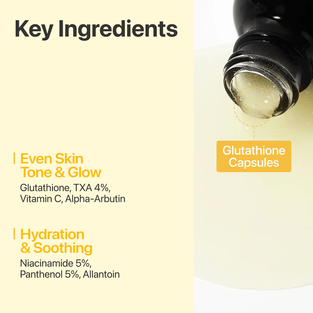 Gros plan sur les ingrédients clés du sérum : Glutathione, TXA, Vitamine C et Niacinamide. Pour l'éclat, un teint uniforme et l'hydratation.