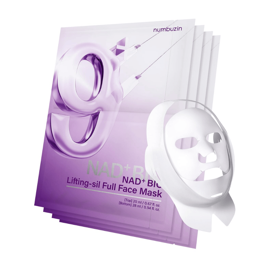 Emballage avec masques faciaux de No.9 NAD Bio Lifting-sil, y compris un masque facial complet en matériau transparent et l'emballage montrant l'utilisation du produit pour le lifting du visage.