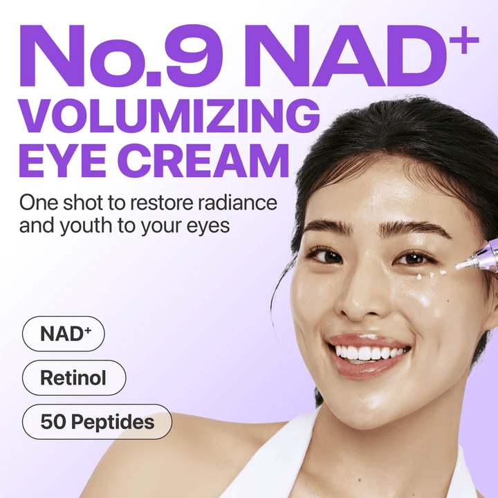 No.9 NAD+ Retinol Volumetox Eye Cream présenté comme une crème pour les yeux volumisante qui restaure l'éclat et l'apparence jeune autour des yeux.