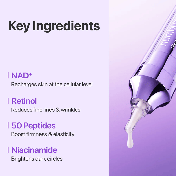 Ingrédients clés dans No.9 NAD+ Retinol Volumetox Eye Cream, avec NAD+, rétinol, 50 peptides et niacinamide qui aident à renforcer la peau et à réduire les ridules.
