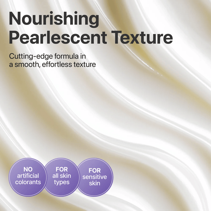Gros plan sur la texture nacrée de No.9 NAD+ Retinol Volumetox Eye Cream, une crème pour les yeux nourrissante et douce sans colorants artificiels, adaptée aux peaux sensibles.