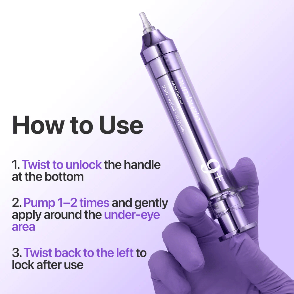 Image d'instructions montrant comment No.9 NAD+ Retinol Volumetox Eye Cream est utilisé, avec une fonction de rotation, un dosage par pompe et une application autour de la zone des yeux pour une utilisation sûre et précise.