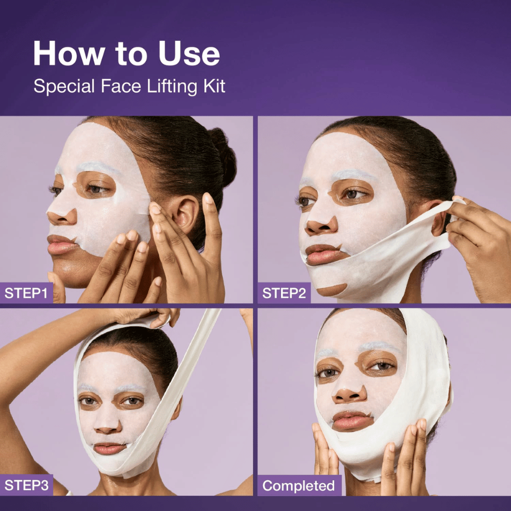Instructions illustrées étape par étape pour l'utilisation d'un kit de lifting facial, où le mannequin applique le masque facial et ajuste la bande de levage pour compléter le traitement.