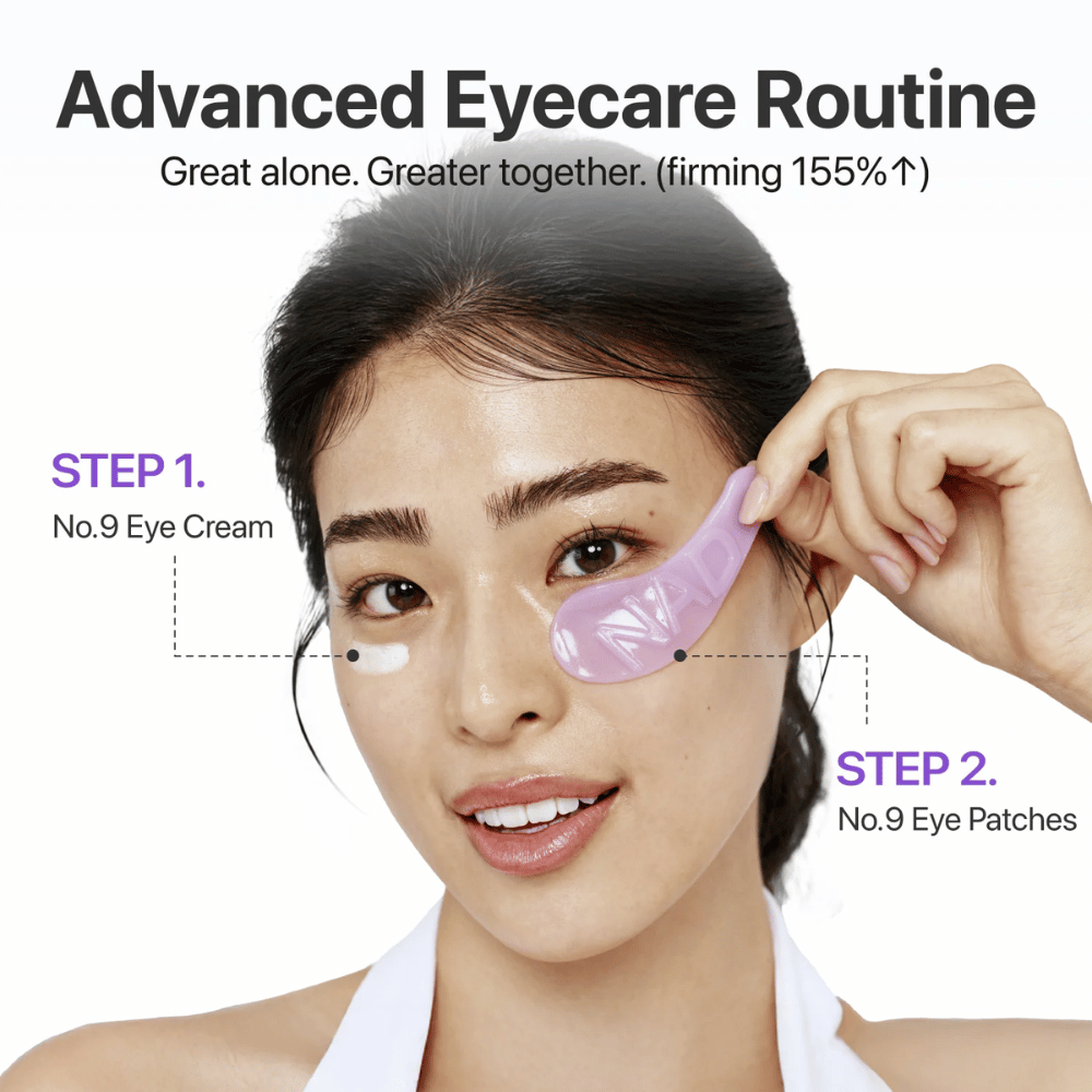 Application du Patch pour les Yeux Collagène numbuzen No.9 NAD+ étape par étape dans la routine de soin des yeux pour une peau plus ferme et plus éclatante.