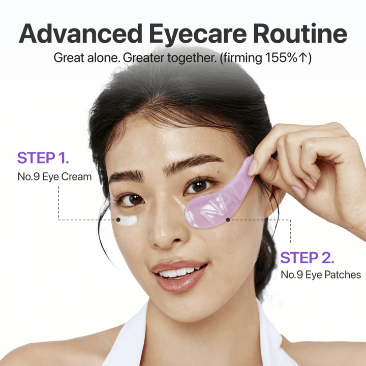 Application du Patch pour les Yeux Collagène numbuzen No.9 NAD+ étape par étape dans la routine de soin des yeux pour une peau plus ferme et plus éclatante.