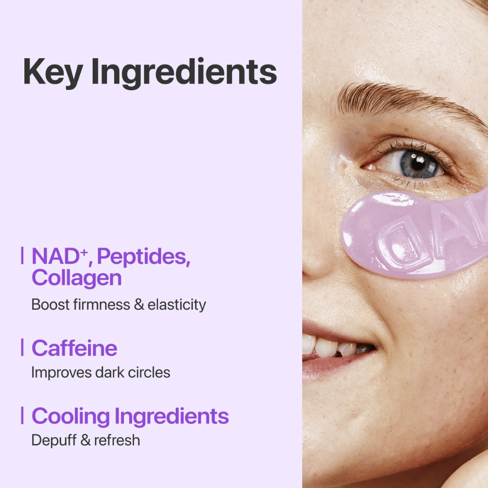 Gros plan sur le Patch pour les Yeux Collagène numbuzen No.9 NAD+ – contient du NAD+, du collagène et des peptides qui renforcent et hydratent la peau sous les yeux.