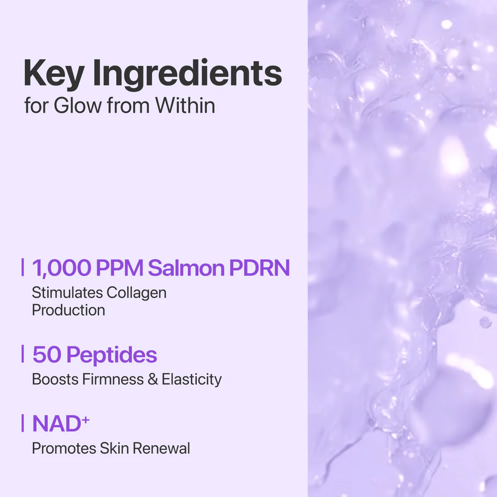 Texte et arrière-plan montrent les ingrédients principaux : 1000 ppm Saumon PDRN, 50 Peptides et NAD+ qui renforcent, hydratent et régénèrent la peau.
