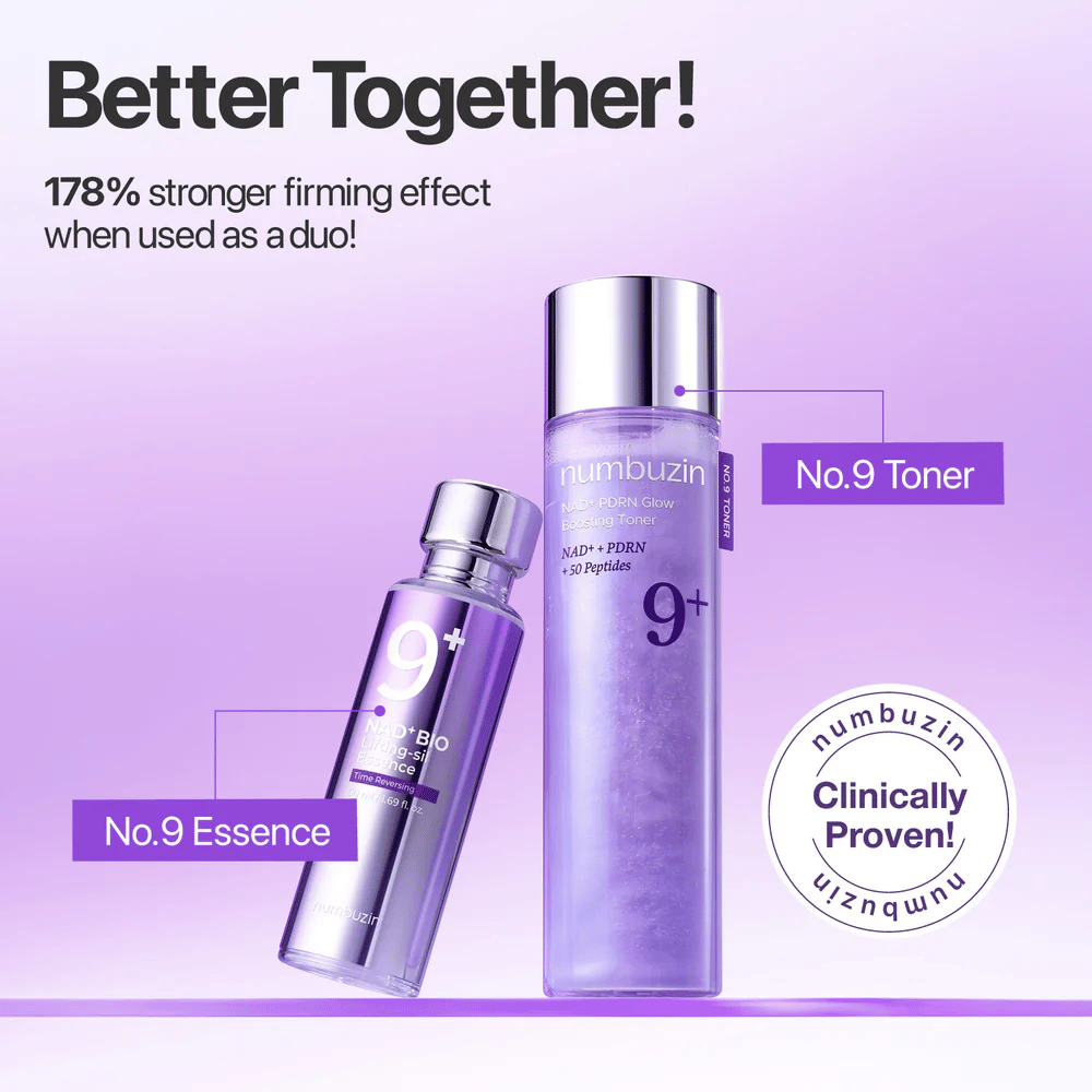 Numbuzin No.9 Toner et Essence présentés ensemble dans des tons violets. Texte : « Mieux ensemble – Effet raffermissant 178% plus fort lorsqu'ils sont utilisés en duo. »