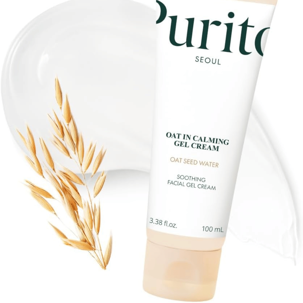 Purito Oat-In Calming Gel Cream avec avoine et texture crème. Crème-gel hydratante avec eau de graines d'avoine pour une peau douce et équilibrée.