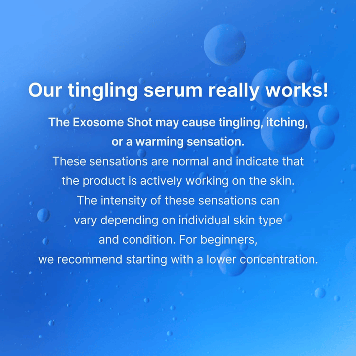 Informations sur le sérum Exosome concernant la sensation de picotement lors de l’utilisation, indiquant un traitement cutané actif, et recommandation de commencer avec une concentration plus faible