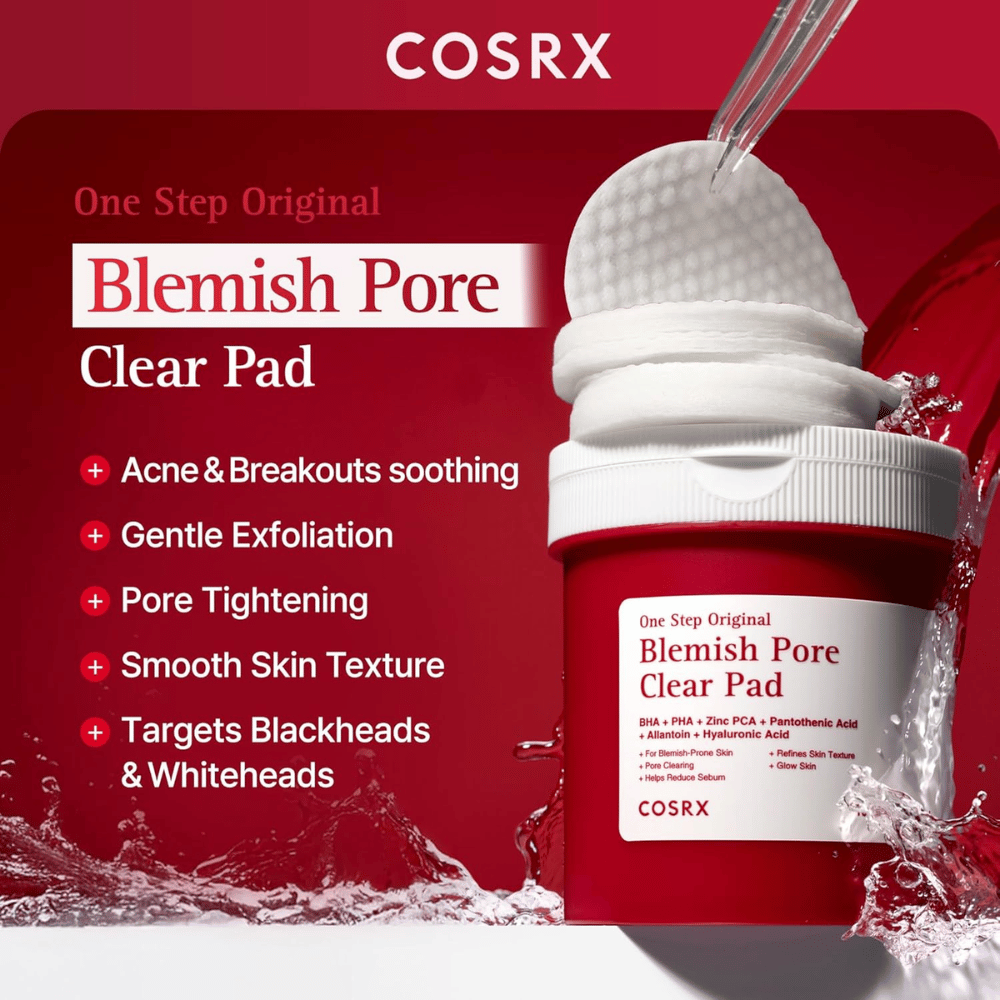 Image produit de COSRX One Step Original Blemish Pore Clear Pad mettant l’accent sur l’exfoliation, l’affinement des pores et le soin des peaux à tendance acnéique.