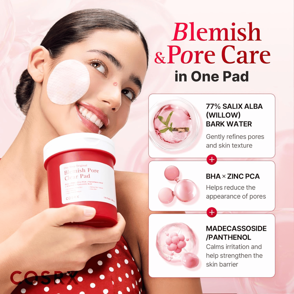 Image produit avec mannequin et focus sur les ingrédients pour COSRX One Step Original Blemish Pore Clear Pad avec willow bark water, BHA, Zinc PCA et Madecassoside.