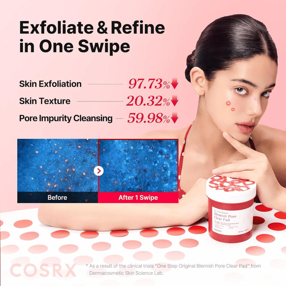 Image promotionnelle pour COSRX One Step Original Blemish Pore Clear Pad montrant l’effet exfoliant et le nettoyage des pores après une seule utilisation.