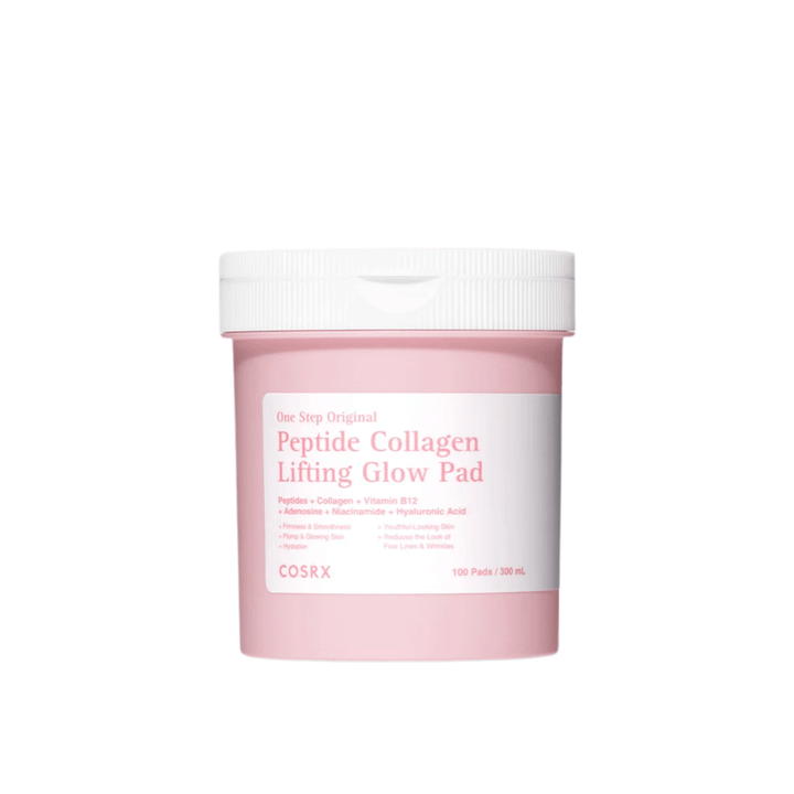 Image produit détourée de COSRX One Step Original Peptide Collagen Lifting Glow Pad dans un emballage rose sur fond clair.
