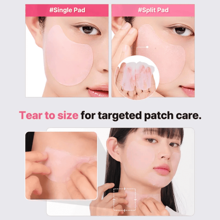 Hydrogel pad divisible de COSRX pouvant être utilisé à la fois comme masque complet pour le visage et comme petits patchs pour un soin ciblé du visage et du cou.
