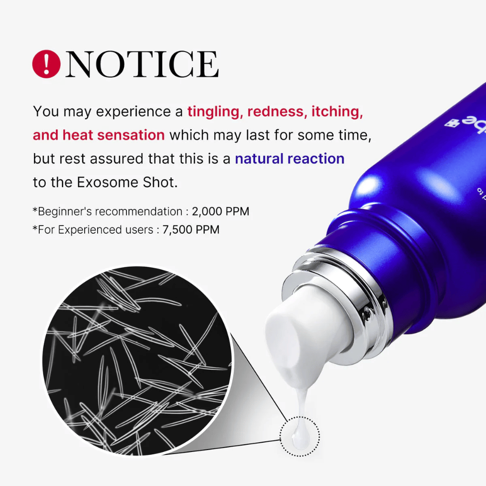 Veuillez noter que l'utilisation de Medicube One Day Exosome Shot Pore Ampoule 2000 peut provoquer des picotements, des rougeurs, des démangeaisons et une sensation de chaleur. C'est une réaction naturelle à la composante exosome. Dose recommandée : Débutants 2 000 PPM, utilisateurs expérimentés 7 500 PPM.