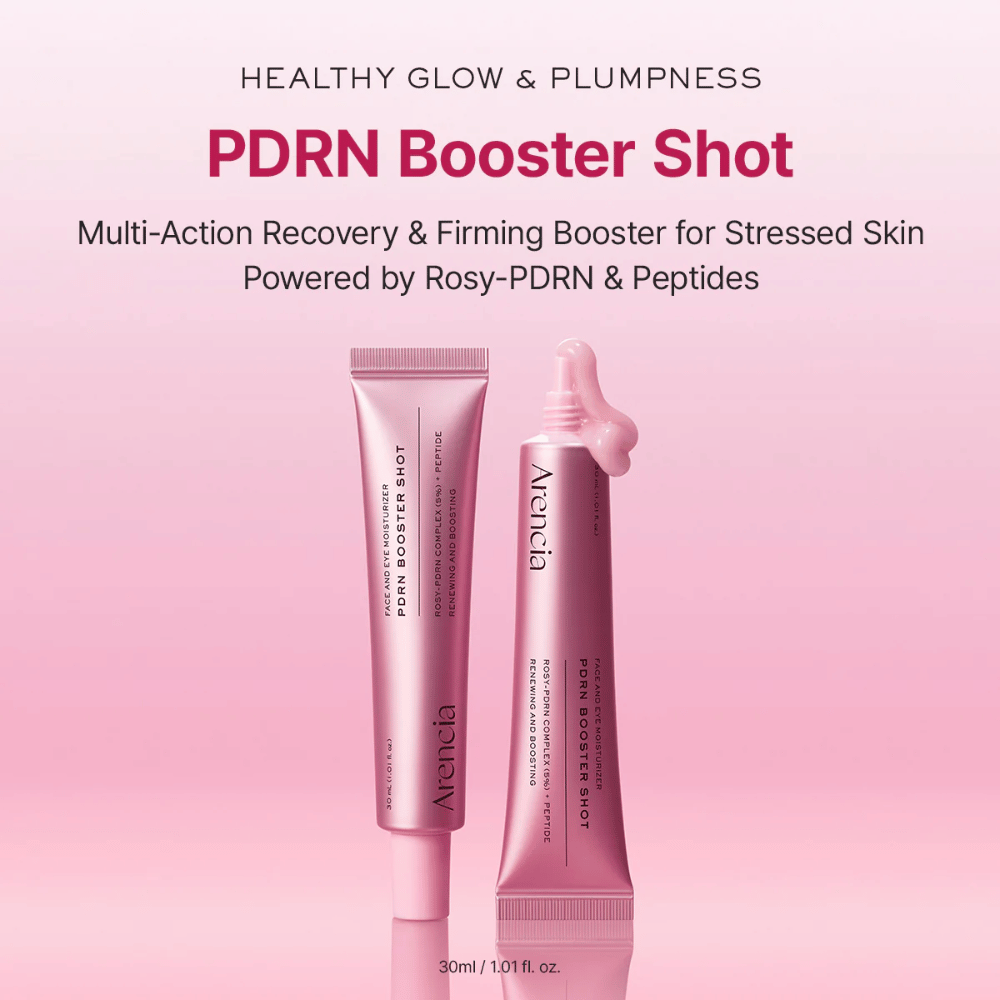 Image produit de Arencia PDRN Booster Shot en tube rose avec applicateur ouvert. L’accent est mis sur l’éclat, une peau plus rebondie et des soins réparateurs avec PDRN et des peptides.