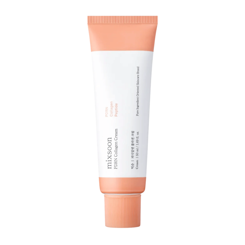 Mixsoon PDRN Collagen Cream en tube blanc et couleur pêche, 50 ml. Une crème hydratante et boostant le collagène pour une peau lisse et jeune.