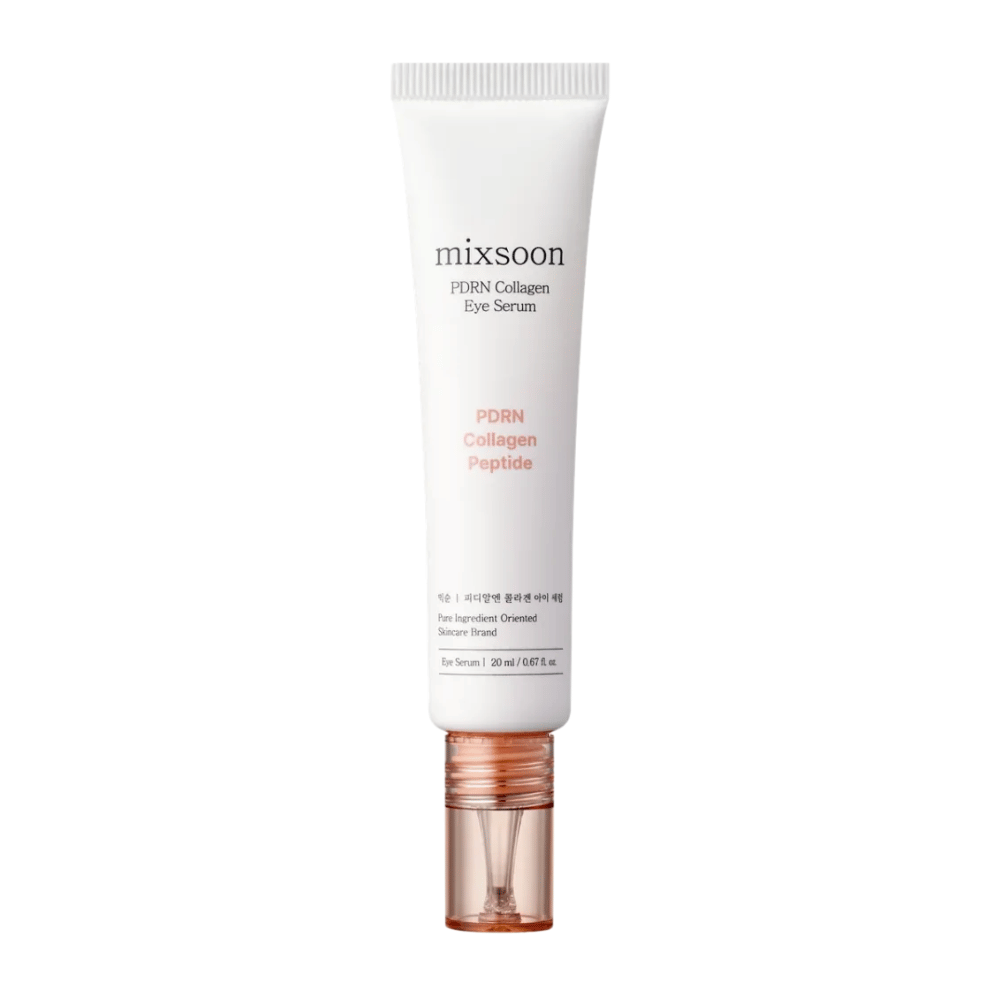 Mixsoon PDRN Collagen Eye Serum en tube blanche et couleur pêche avec un applicateur transparent. Un sérum pour les yeux hydratant et raffermissant, 20 ml.