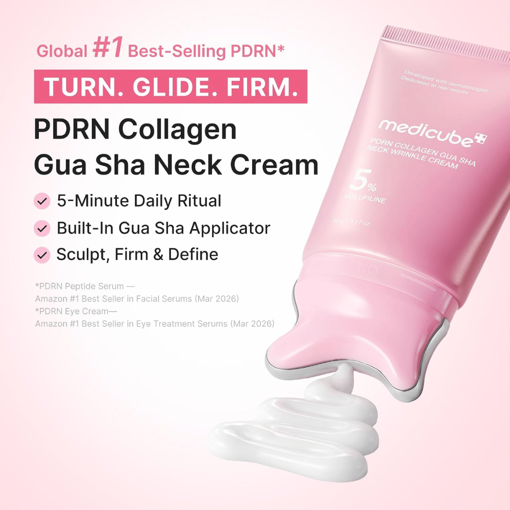 5. Medicube PDRN Collagen Gua Sha Neck Wrinkle Cream – crème rose pour le cou avec applicateur gua sha et texture crémeuse