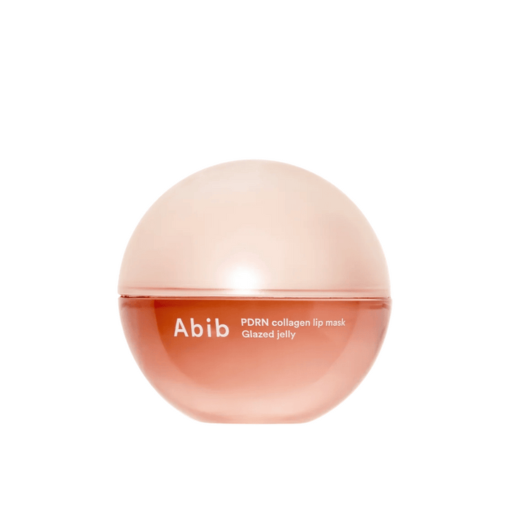 Boîte ronde rose avec le texte "Abib PDRN Collagen Lip Mask Glazed Jelly" sur le devant, photographiée sur fond blanc.