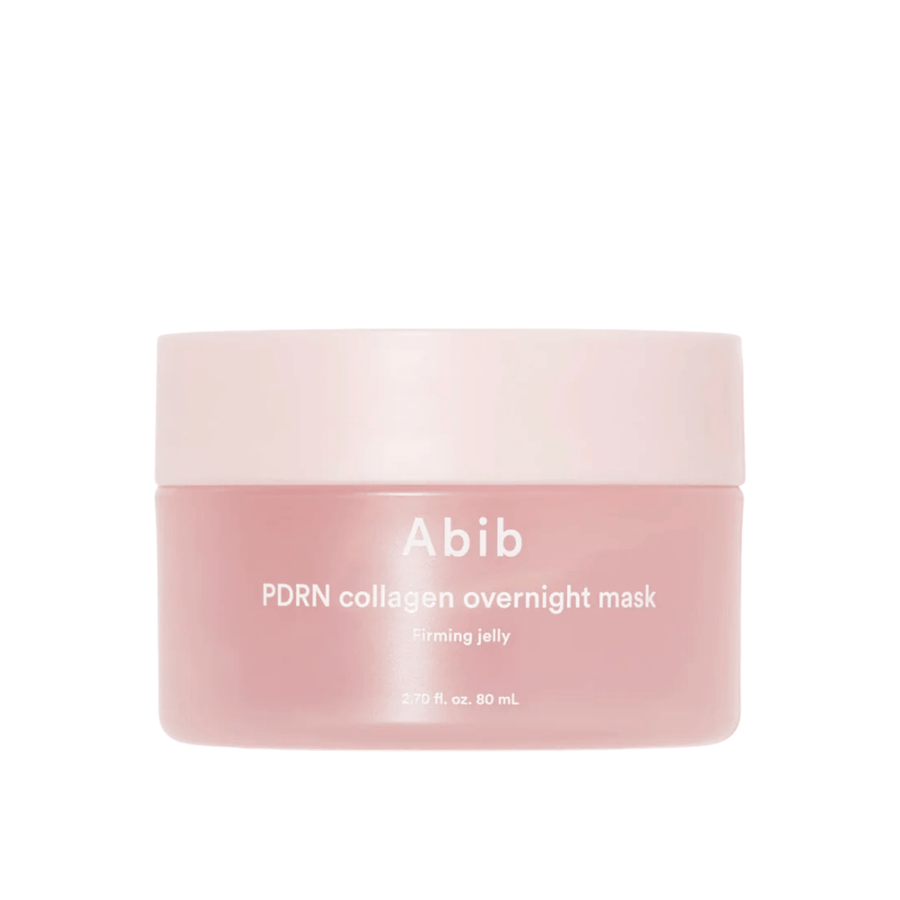 Image produit minimaliste de Abib PDRN Collagen Overnight Mask dans un pot rose, mettant l’accent sur le design et le nom du produit sur un fond clair.