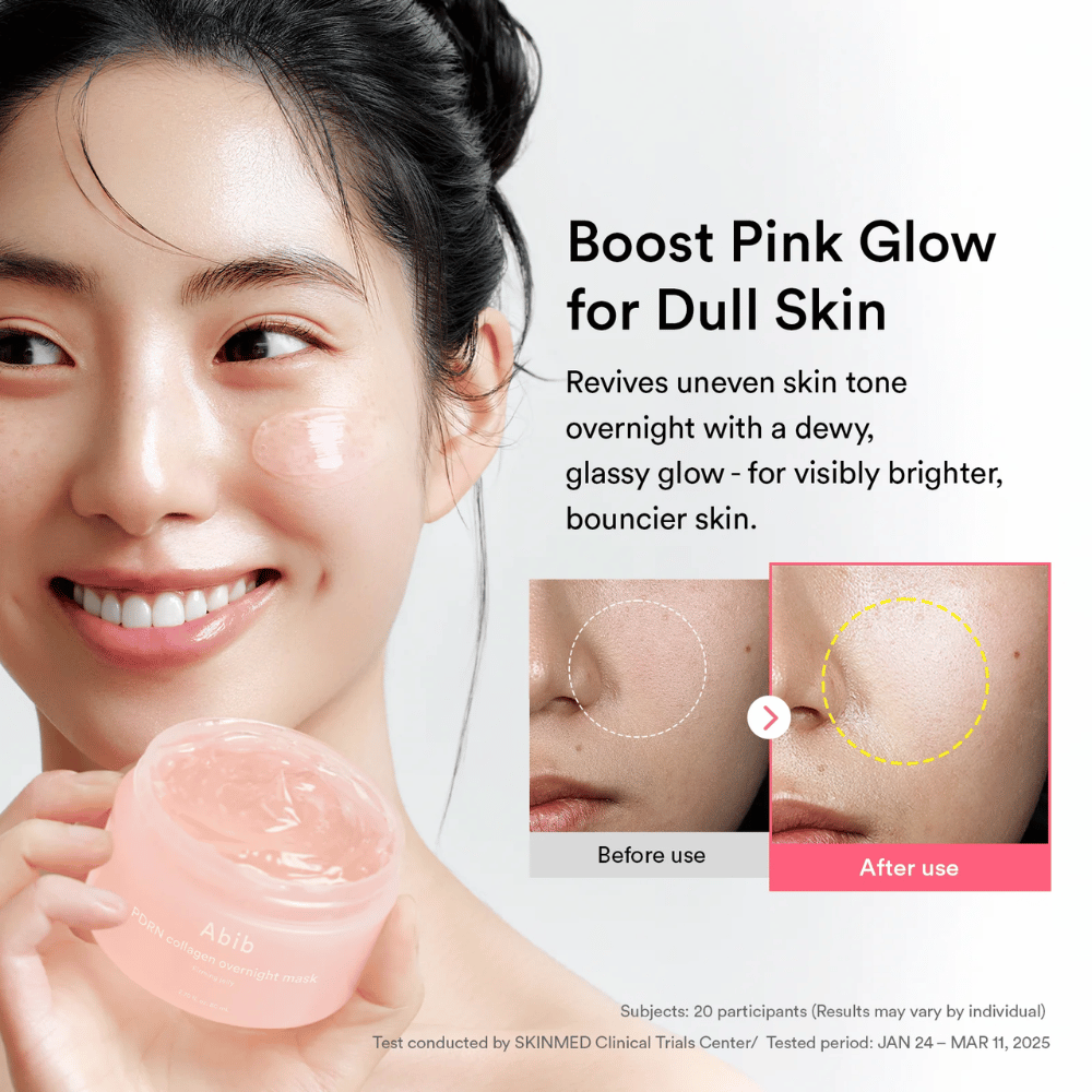 Modèle tenant Abib PDRN Collagen Overnight Mask avec une illustration avant/après montrant l’éclat et un teint plus uniforme après une utilisation pendant la nuit.