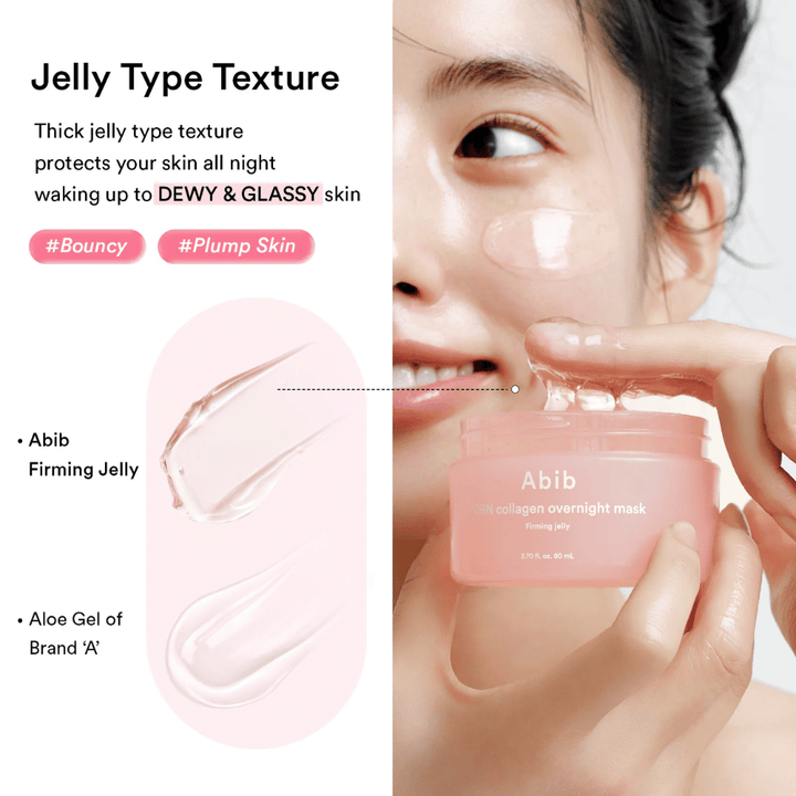 Gros plan sur la consistance gélifiée de Abib PDRN Collagen Overnight Mask, montrant une texture riche et brillante conçue pour une peau hydratée et lumineuse.