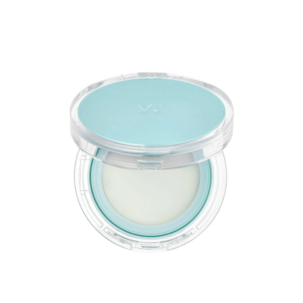 Pot ouvert avec VT PDRN Essence Glow Sun Pact. Il a une surface intérieure blanche avec un couvercle bleu, conçu pour donner un résultat éclatant sur la peau.