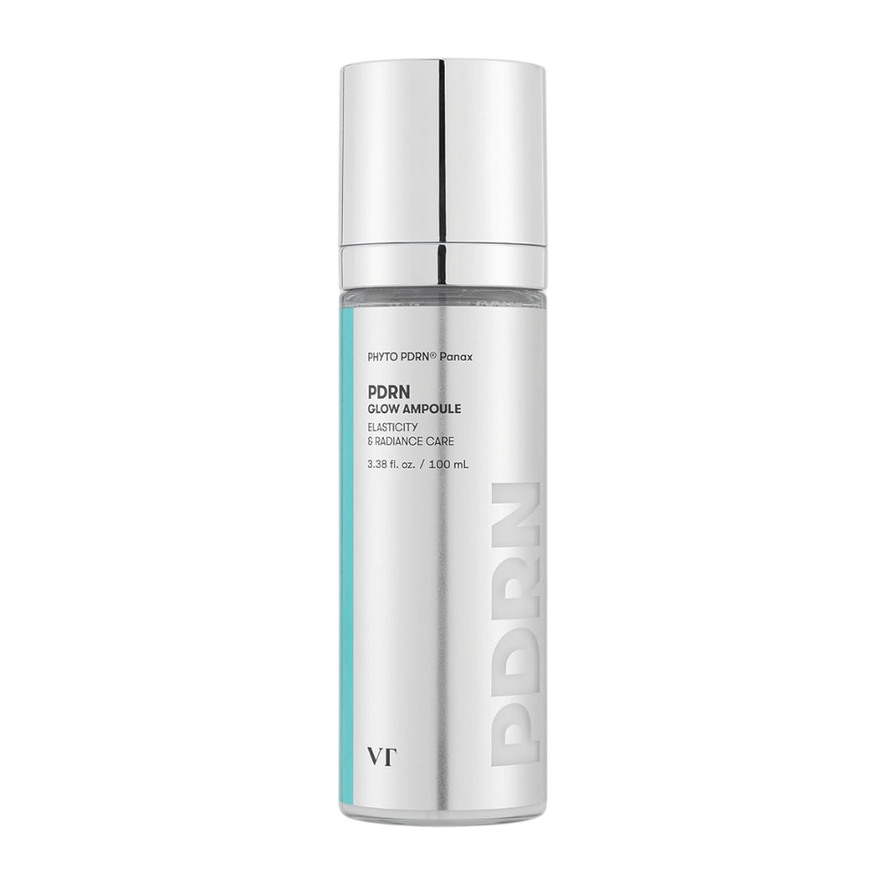 VT PDRN Glow Ampoule dans un flacon argenté avec pompe, étiquetage indiquant un contenu de 100 ml. Le produit est conçu pour l'élasticité et une peau éclatante, avec le texte "PHYTO PDRN® Panax" et "Elasticity & Radiance Care".