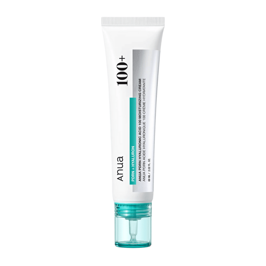 Image du produit sur Anua PDRN Hyaluronic Acid 100 Moisturizing Cream dans un tube blanc avec un détail turquoise – crème pour le visage coréenne pour une hydratation en profondeur.
