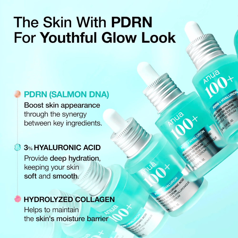Anua PDRN Hyaluronic Acid Capsule 100 Serum est un produit de soin puissant qui contient PDRN (ADN de saumon) pour améliorer l'apparence de la peau, 3 % d'acide hyaluronique pour une hydratation profonde et du collagène hydrolysé pour renforcer la barrière d'hydratation de la peau. Parfait pour un éclat jeune!