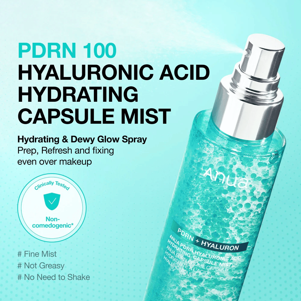 Image produit mettant en avant la fonction spray. Le texte décrit le produit comme une brume hydratante qui donne de l’éclat, peut être utilisée par-dessus le maquillage et ne laisse pas de sensation grasse.