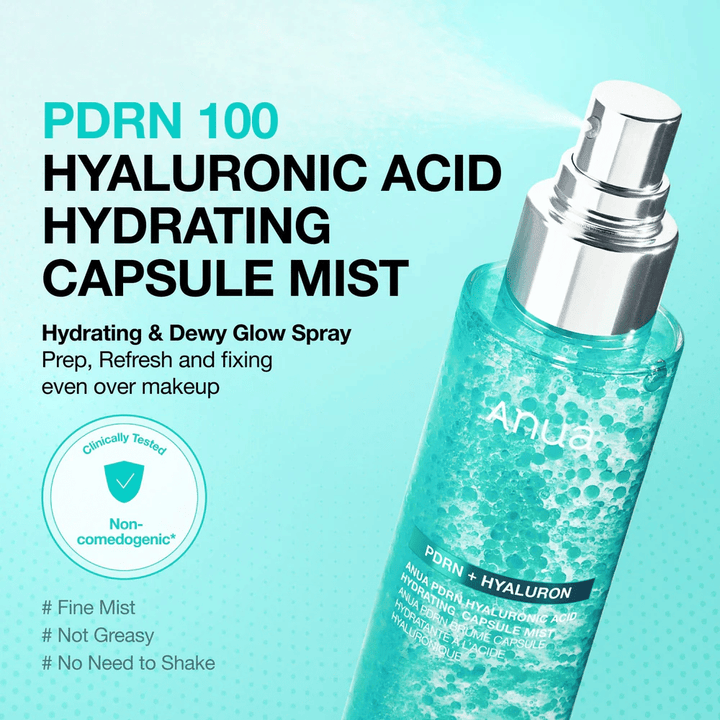 Image produit mettant en avant la fonction spray. Le texte décrit le produit comme une brume hydratante qui donne de l’éclat, peut être utilisée par-dessus le maquillage et ne laisse pas de sensation grasse.