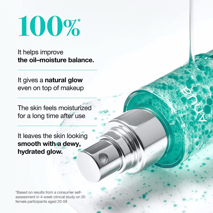 Une image produit où le flacon est couché avec des capsules vertes visibles dans le liquide. Le texte met en avant des effets comme un meilleur équilibre d’hydratation, un éclat naturel et une hydratation longue durée.