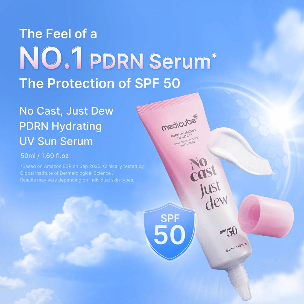 5. Medicube PDRN Hydrating UV Serum SPF 50+ 50 ml – sérum solaire hydratant léger avec haute protection UV et fini éclatant