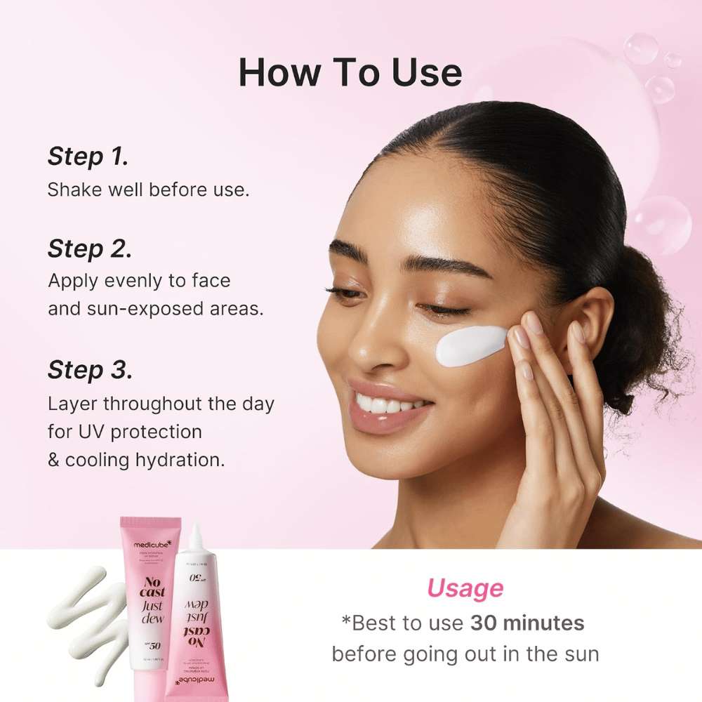 1. Medicube PDRN Hydrating UV Serum SPF 50+ – application d’une protection solaire hydratante sur le visage avec instructions d’utilisation