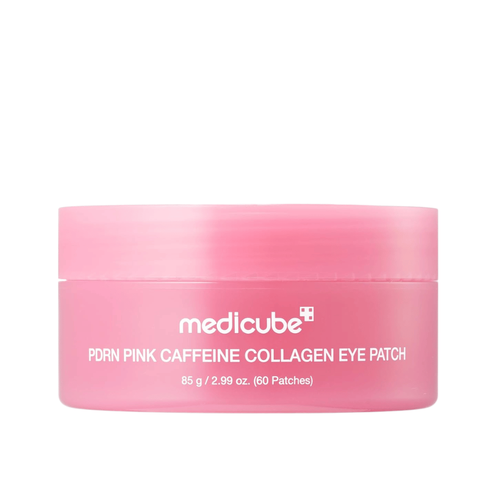 5. Medicube PDRN Pink Caffeine Collagen Eye Patch 60 pcs – pot rose avec patchs hydrogel hydratants pour les yeux sur fond blanc