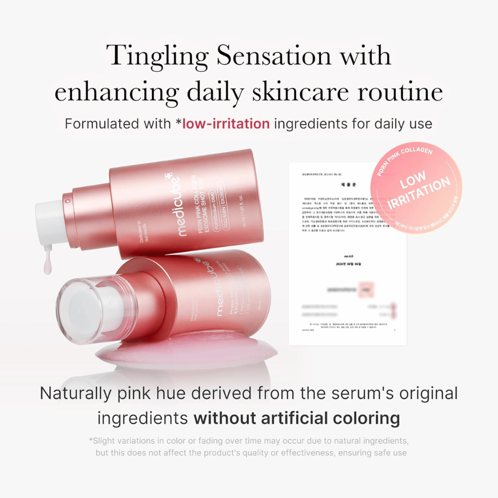 Medicube PDRN Pink Collagen Exosome Shot 2000 avec des informations sur la faible irritation. Le produit a une couleur rose naturelle provenant des ingrédients et est développé pour une utilisation quotidienne avec une sensation douce sur la peau.
