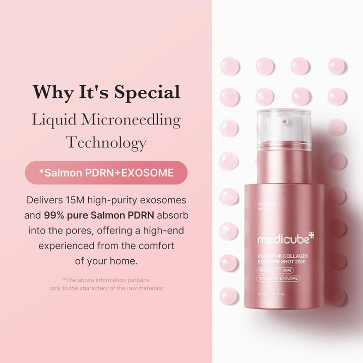 Medicube PDRN Pink Collagen Exosome Shot 2000 dans un flacon rose. L’image met en avant une technologie de microneedling liquide avec des exosomes et PDRN de saumon pour soutenir l’éclat, l’élasticité et l’absorption de la peau.