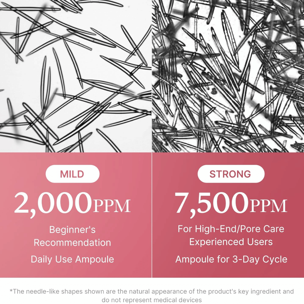 Comparaison entre deux concentrations de Medicube PDRN Pink Collagen Exosome Shot. L’image montre 2 000 ppm pour une utilisation quotidienne et les débutants, ainsi que 7 500 ppm pour les utilisateurs expérimentés, avec un accent sur le soin des pores et le soin intensif de la peau.