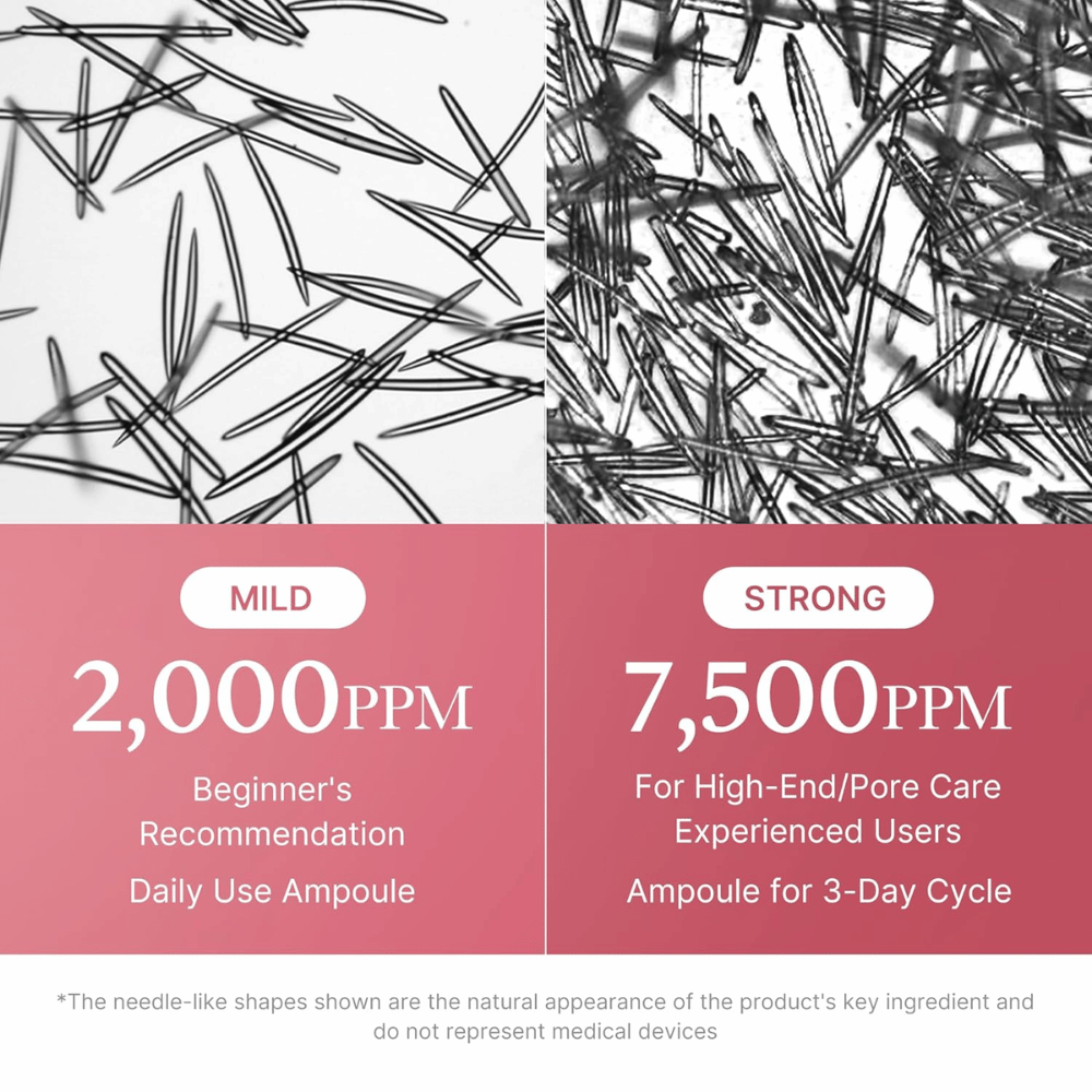 Image comparative montrant la concentration d’ingrédients de type micro-aiguilles dans Medicube PDRN Pink Collagen Exosome Shot. 2 000 ppm sont recommandés pour une utilisation quotidienne et pour les débutants, tandis que 7 500 ppm sont adaptés aux utilisateurs expérimentés et au soin intensif des pores.