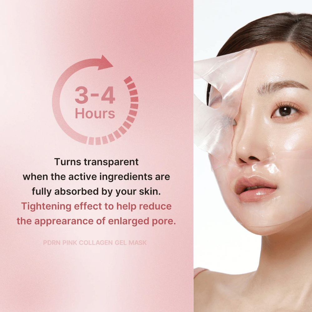 Medicube PDRN Pink Collagen Gel Mask avec l'instruction de porter le masque pendant 3 à 4 heures jusqu'à ce qu'il devienne transparent. Le masque absorbe les ingrédients actifs et raffermit la peau pour réduire les pores visibles.