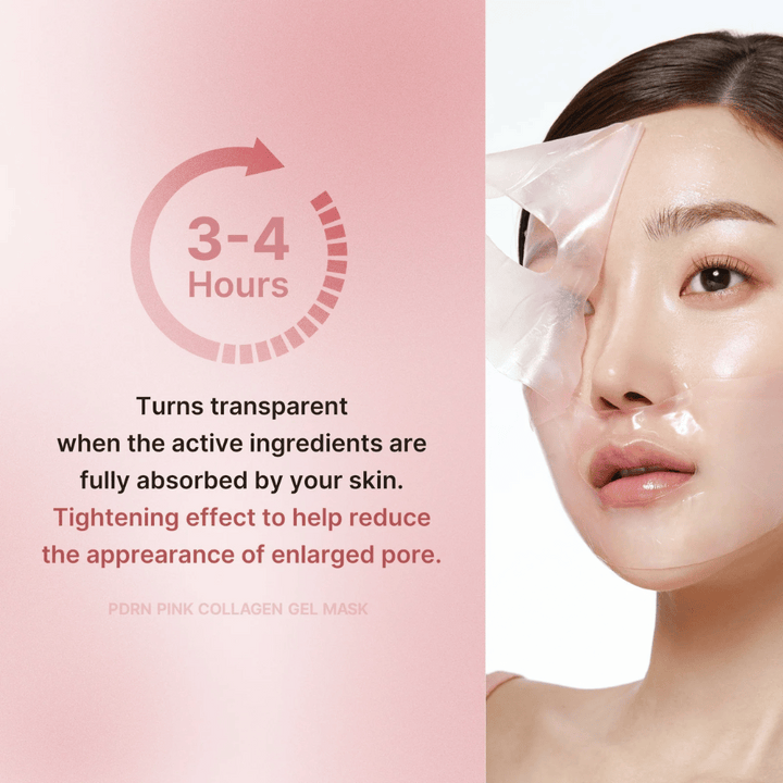 Medicube PDRN Pink Collagen Gel Mask avec l'instruction de porter le masque pendant 3 à 4 heures jusqu'à ce qu'il devienne transparent. Le masque absorbe les ingrédients actifs et raffermit la peau pour réduire les pores visibles.