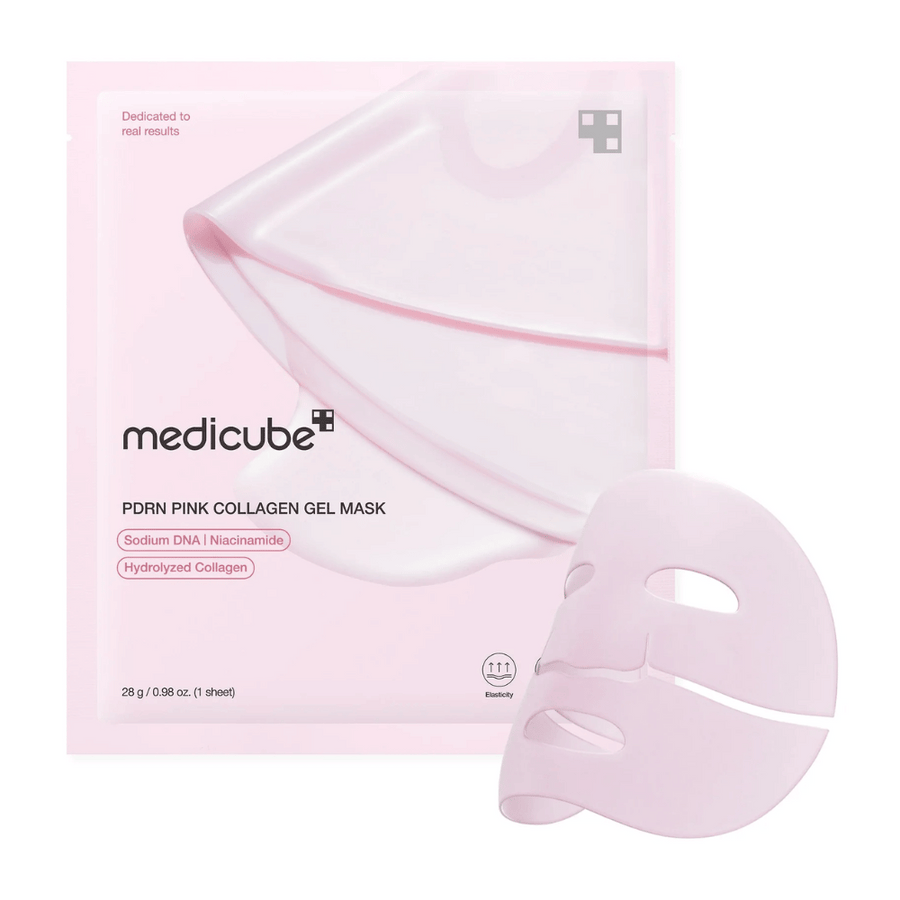 Un emballage rose clair de medicube PDRN Pink Collagen Gel Mask avec un masque gel transparent à côté. Contient des ingrédients tels que le Sodium DNA, la Niacinamide et le Collagène Hydrolysé pour l'élasticité et l'hydratation.