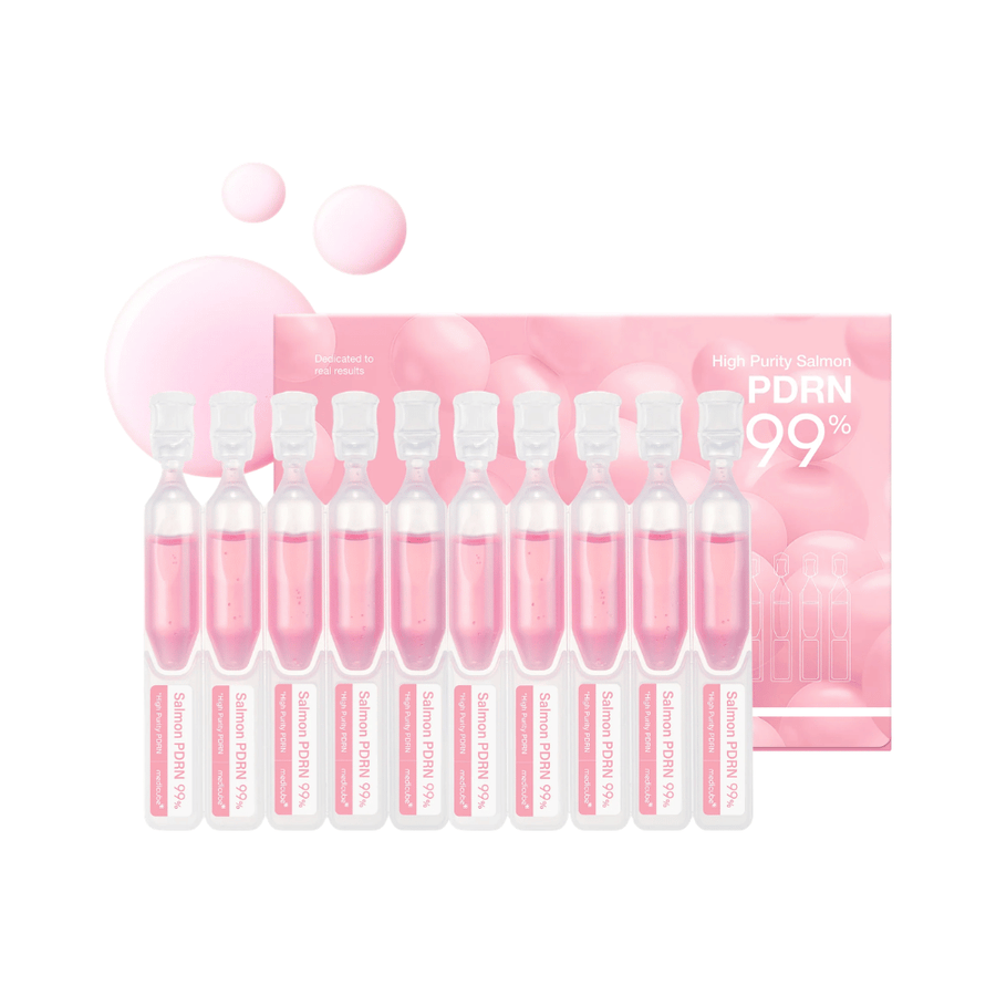 Medicube PDRN Pink One Day Serum Set avec dix ampoules individuelles et l’emballage du produit. Le set contient un sérum avec 99 % de saumon hautement purifié-PDRN pour l’hydratation, l’éclat et le soin quotidien de la peau.