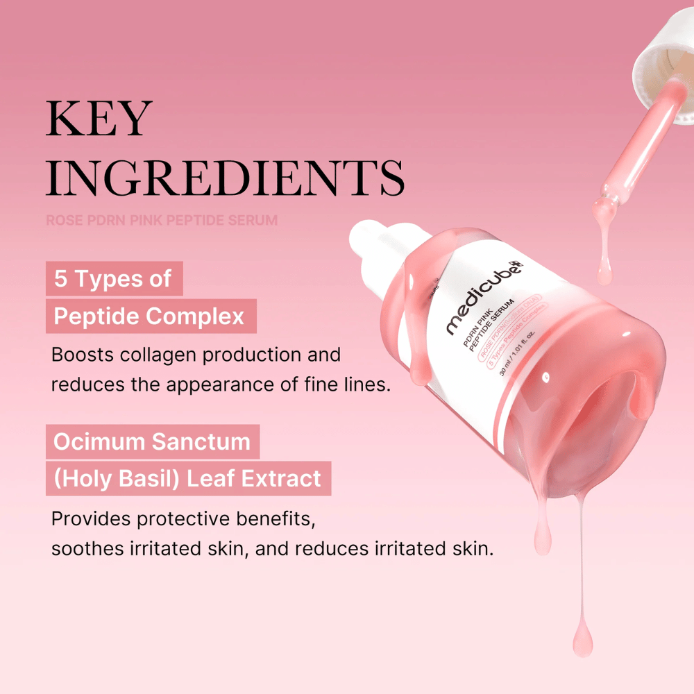 Medicube Rose PDRN Pink Peptide Serum – Sérum nourrissant pour une peau plus ferme et apaisée.

💖 5 types de complexes de peptides – Stimule la production de collagène et réduit les rides fines.
🌿 Extrait d'Ocimum Sanctum (Basilic Sacré) – Protège, apaise et réduit les irritations.

Parfait pour une peau plus uniforme, hydratée et éclatante !