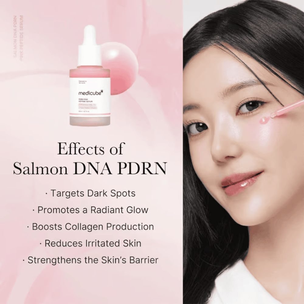 Medicube PDRN Pink Peptide Serum avec ADN de saumon PDRN. Le modèle applique un sérum rose sur la joue avec une pipette.