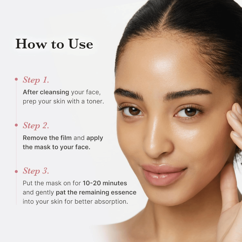 Image d’instructions avec modèle – étape par étape, comment utiliser le masque en tissu (nettoyage, application, laisser agir 10–20 min).