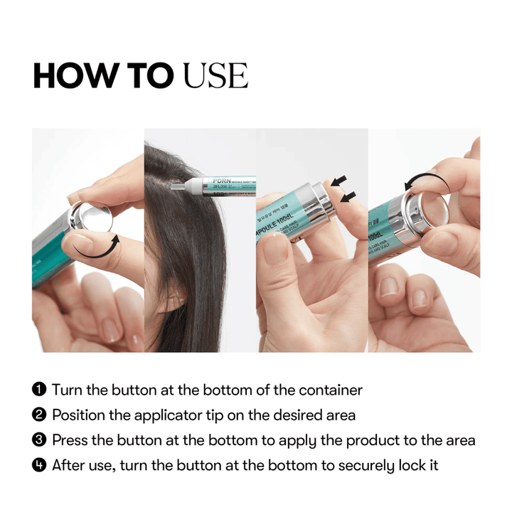 Image étape par étape montrant comment PDRN Reedle Shot Hair Ampoule 100dL est appliqué sur le cuir chevelu avec une fonction de rotation et de pression pour un dosage précis et hygiénique.